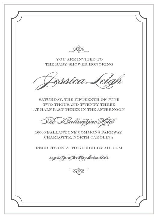 Enjoy the company of your friends and family when you use our Calligraphy Borders Baby Shower Invitations to invite them.