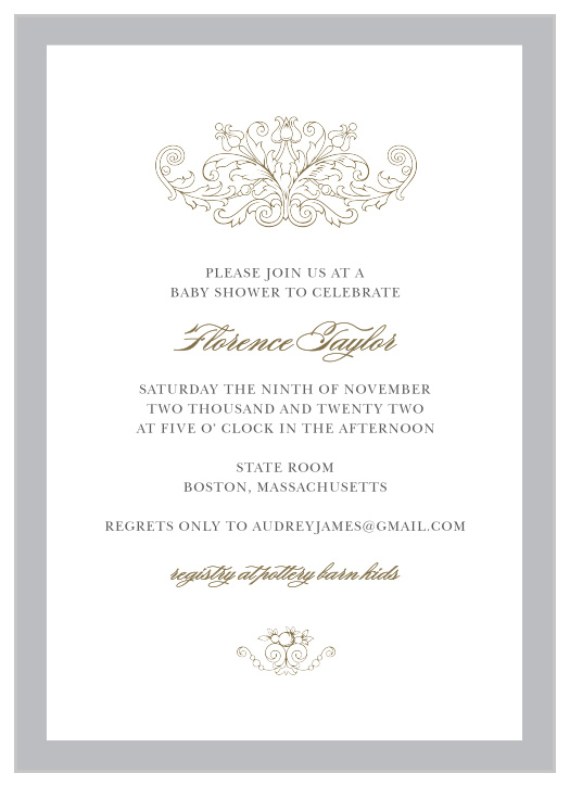 Our luxurious Simple Damask Baby Shower Invitations feature ornate embellishments at the top and the bottom of the design in addition to a bold colored border. 