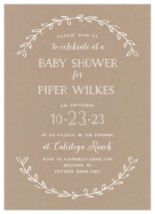 Simple laurels frame your text on the Rustic Laurel Baby Shower Invitations.