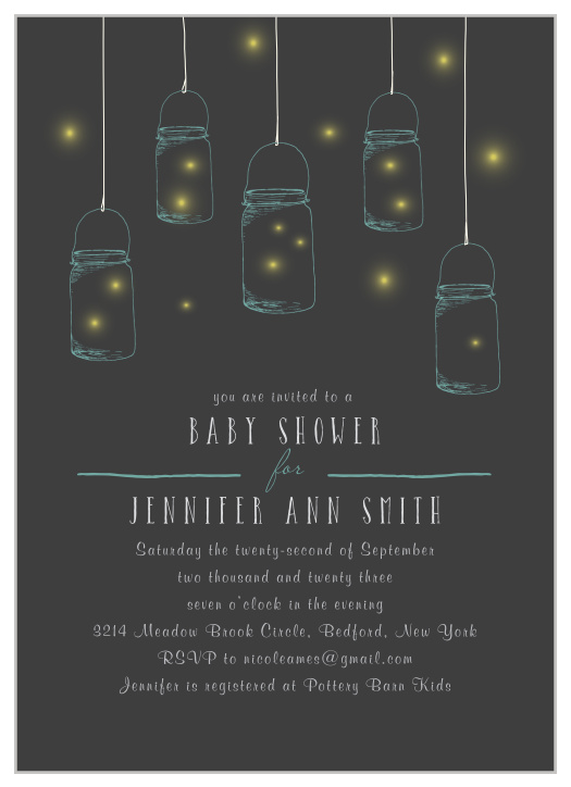Collect loved ones for your celebration like fireflies in a jar using our Firefly Night Baby Shower Invitations!