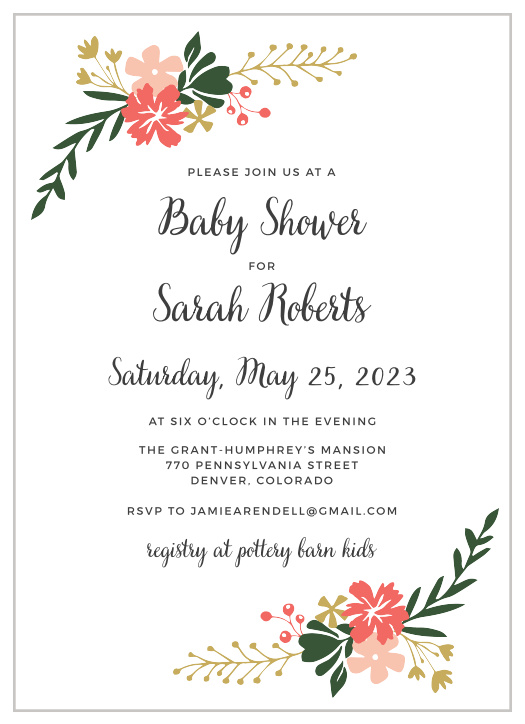 Enjoy the company of your friends and family when you use our Calligraphy Flowers Baby Shower Invitations to invite them.