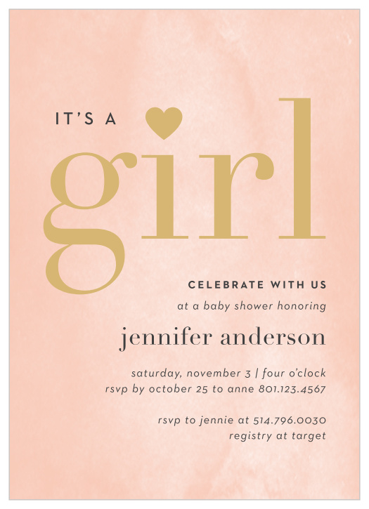 The Blush and Gold  baby shower invitations is a fun combo of glitz and glam for any baby girl themed shower.