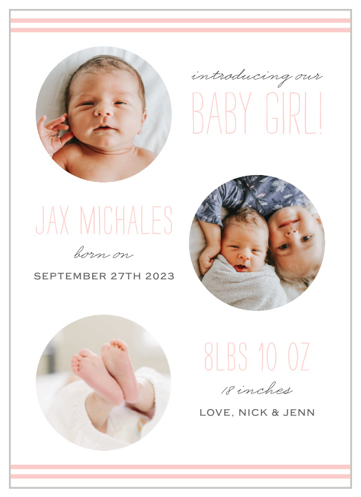 Customize our Cute Circles Baby Girl Birth Announcements to show off your newborn! Choose from over 150 different color combinations and fonts!