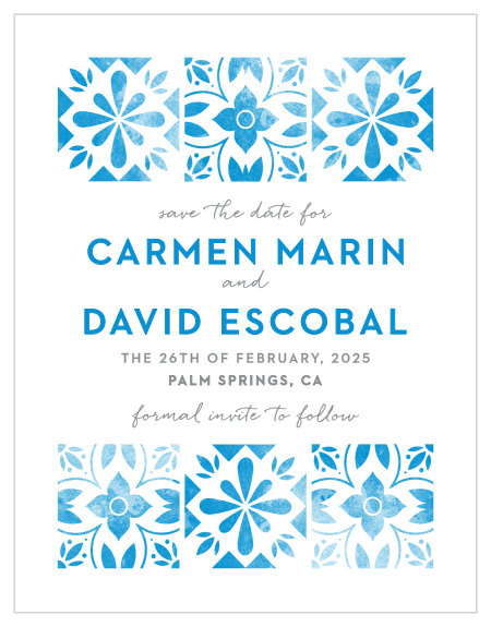 Worn, marina blue tile decorates our Mexican Tiles Save-the-Date Cards. 