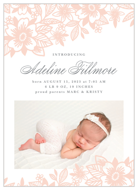 Elegantly show off your newest family member to your loved ones, using our Floral Lines Birth Announcements!