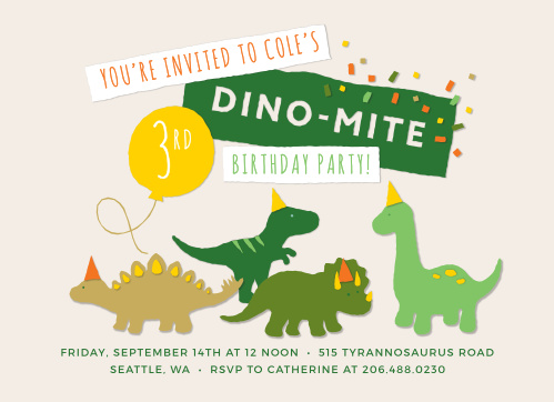 Celebrate like you haven't for millions of years with our Dinosaur Bash Children's Birthday Party Invitations. An utterly adorable quartet of dinosaurs dances across the center of the page, each of them adorned with a complimentary party hat underneath the broad banners that spell out your party details. 