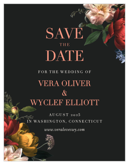 The Dark Dutch Florals Save-the-Date Cards feature the same floral arrangements on the wedding invitations and other items in this wedding suite for a cohesive look. 