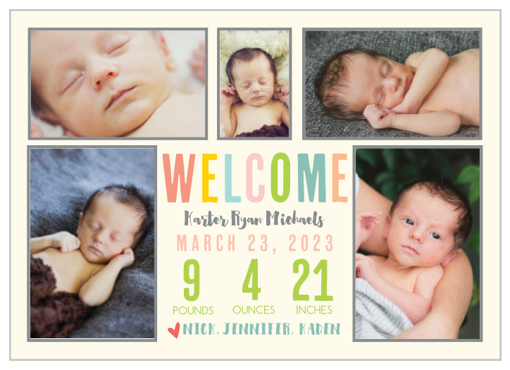 The world can't wait to see the newest addition to your family! Show off your new baby with this Colorful Collage Birth Announcement