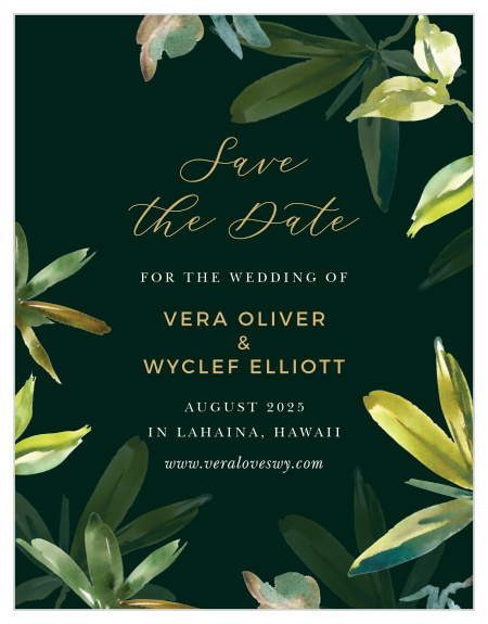 Intricate gold-foil swirls across each of your Hawaii Palm Leaves Save the Date Cards, shining brightly to catch your guests' attention. With each of your wedding day details alternating between that brilliant gold and a soft cream, and ultimately cradled by palm leaves in the style of an oil painting, you can be sure that your guests have the information they need in the style you've always wanted.