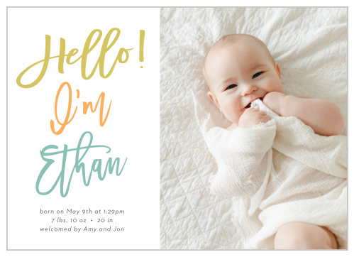 Easily introduce your loved ones to your new arrival's sweet face, with our A Big Hello Birth Announcements!