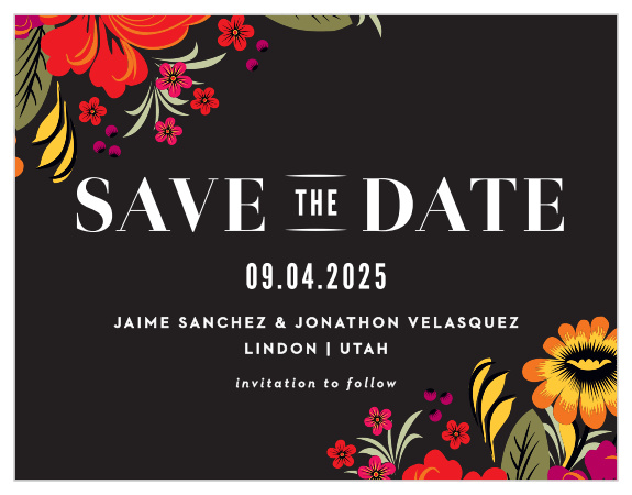 Turn your wedding day into the most anticipated event of the year with the vibrant colors of our Spanish Florals Save-the-Date Cards. Bright flowers bloom from opposing corners, growing diagonally inward to the elegant typography sharing the details of your wedding day. With each word written in brilliant white to contrast the midnight-black behind, you can be sure that your guests have all of the information they need to attend your big day.