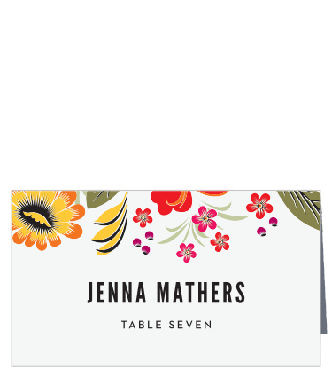 Guide your guests to their seats with the vibrant, blooming flowers of our Spanish Florals Place Cards. An assortment of colors and flower types fill the top half of each card, followed by your guests' names and relevant table number in a clean, easy-to-read typography. With a subtle off-white ecru background to really make each color pop, these place cards are the perfect addition to your party preparations.