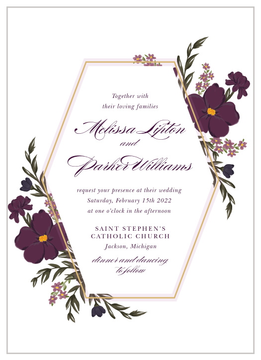 Wedding Invitation Purple Gold Ornate Scrolls Vines