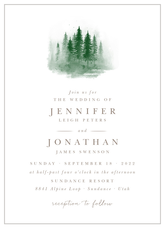 A dreamy illustration of a forest scene adorns the top of our Watercolor Pines Wedding Invitations.