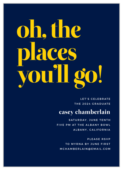 "Oh, the places you'll go!" is written in bold letters across our Adventure Abounds Graduation Party Invitations!