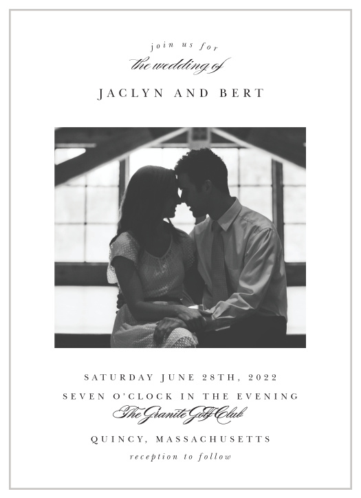 A beautiful picture of the happy couple serves as the focal point of our Classic Photo Wedding Invitations! 