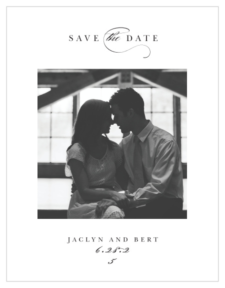 A beautiful picture of the happy couple serves as the focal point of our Classic Photo Save-the-Date Cards!