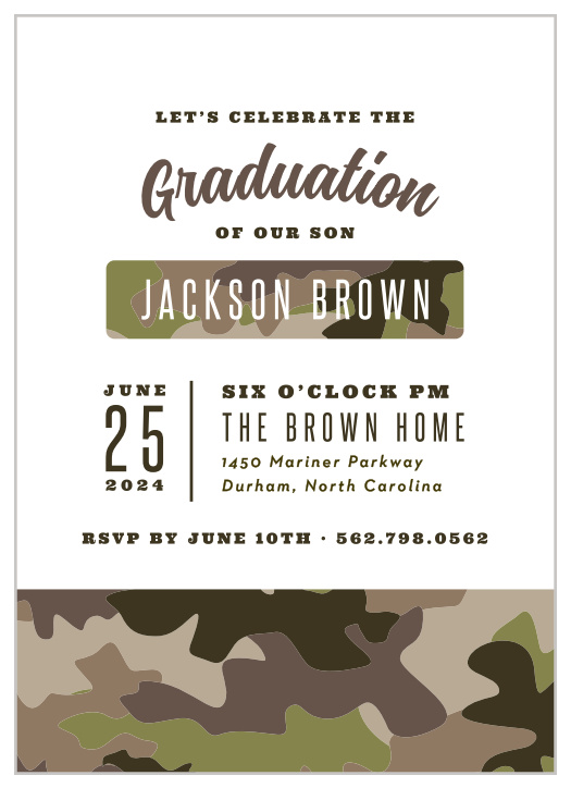 Gather your family and friends to be by your side on your big day with our Camouflage Party Graduation Party Invitations.