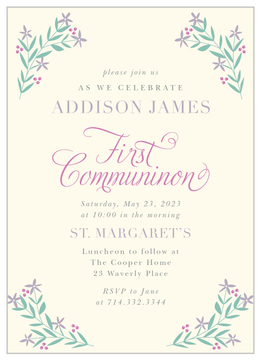 The dainty florals and light color scheme of our Simple Foliage Communion Invitations make them perfect for this exciting occasion. 