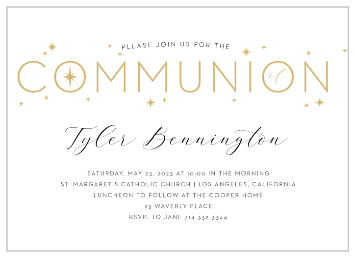 Gold foil makes a shimmering appearance on our Celestial Gold Communion Invitations. 