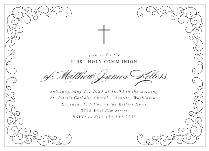 The Charming Swirls Communion Invitations feature a simple, classic design that is perfect for the occasion. 