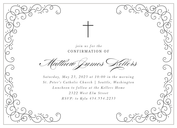 The Charming Swirls Confirmation Invitations feature a simple, classic design that is perfect for the occasion.