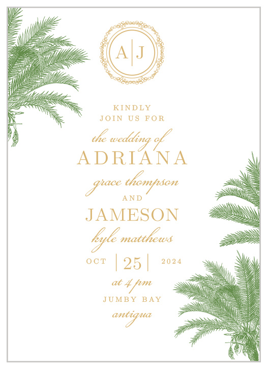 Finely drawn palms and gold or silver foil accent the text of the Caribbean Palm Foil Wedding Invitation Suite.