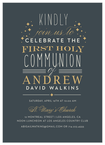 Gather together the people you adore most to celebrate your little sprout with our Stacked Typography Communion Invitations. 