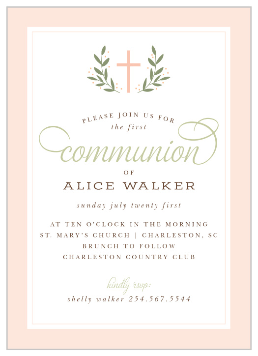 The Laurel Garland Communion Invitations are the perfect way to invite your loved ones to gather for your child during this important rite of passage! 