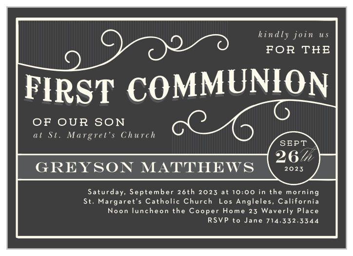 Calling to mind the image of a vintage train station, our Tailored Ticket Communion Invitations perfectly blend classic style and your modern ceremony.