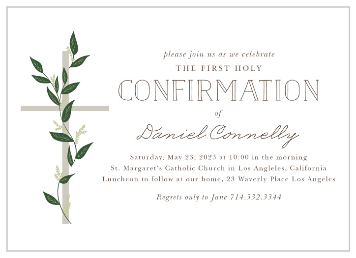 Gather your loved ones together for your child's first confirmation with our Laurel Trellis Confirmation Invitations. 