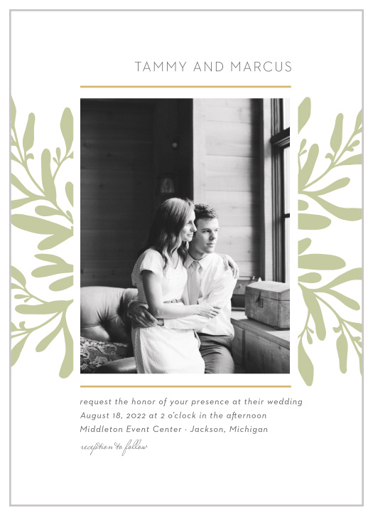 Modern, funky groups of leaves adorn the sides of your photo on the Fern Flock Wedding Invitations.  