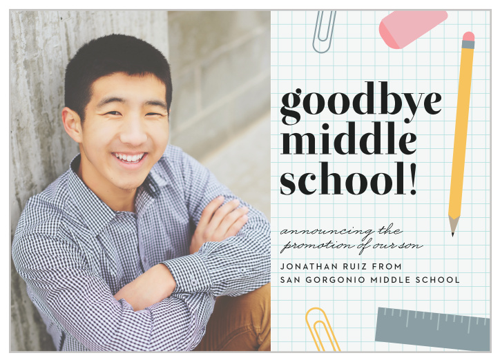 Inform your family and friends of your child's outstanding achievement with our Bye Middle School Graduation Announcements.