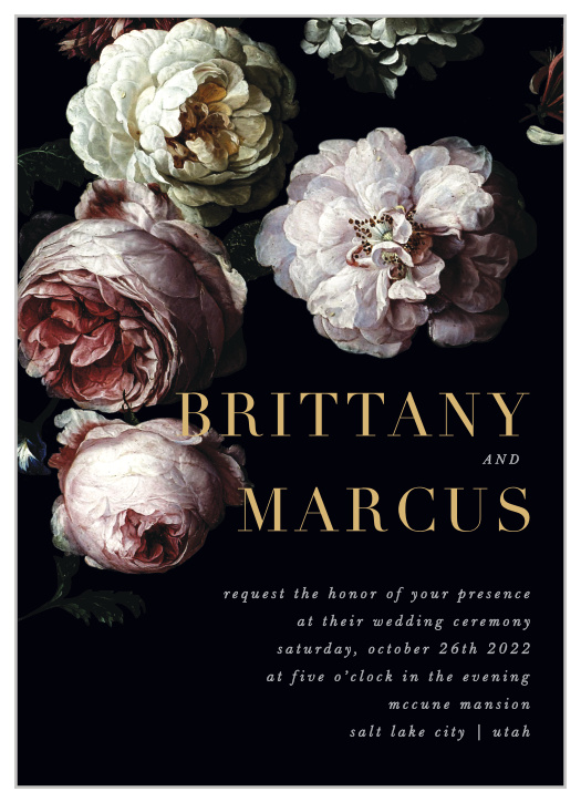 Our Moody Florals Wedding Invitations feature a vivid display of dark and dewy peonies.