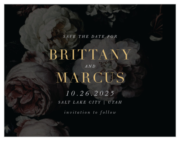 Our Moody Florals Save-the-Date Cards feature a hauntingly beautiful backdrop of peonies that are veiled by a black overlay.