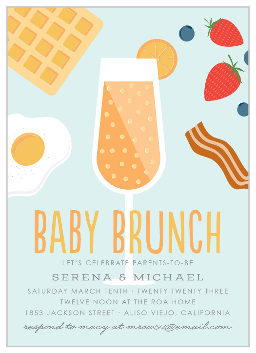 Our Parents-to-be Brunch Baby Shower Invitations feature a delicious and colorful array of eggs, fruit, waffles, bacon, and a tall glass of breakfast bubbly! 