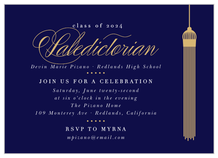 It's time to celebrate your graduation! Invite your closest supporters to celebrate with our Valedictorian Tassel Graduation Invitations.