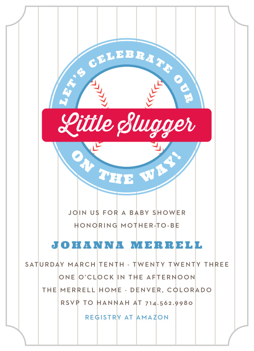 Announce your incoming home run with the vintage style of our Little Slugger Baby Shower Invitations.