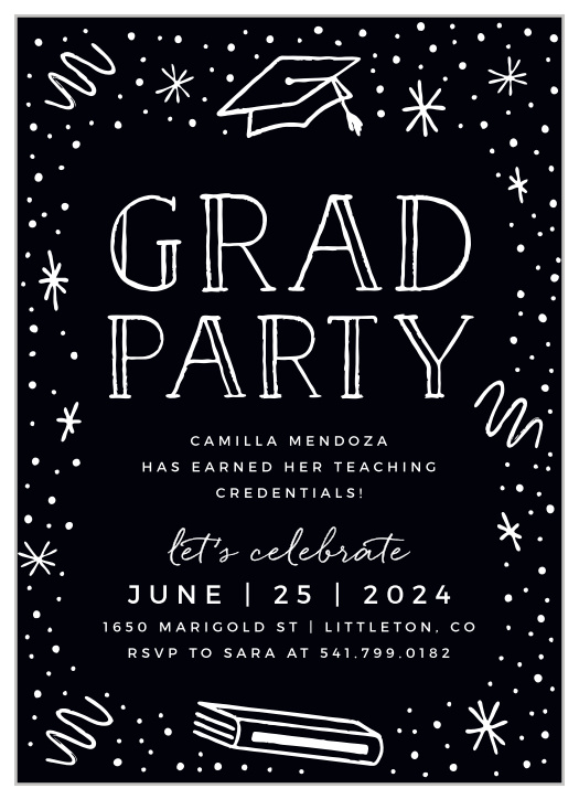 Invite your friends and family to celebrate with our Teachers Chalkboard Graduation Party Invitations.