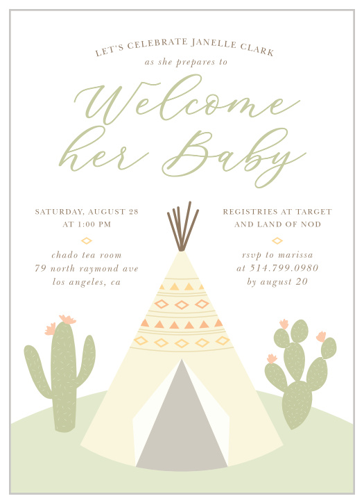 Celebrate the newest member of your tribe with our Desert Teepee Baby Shower Invitations.