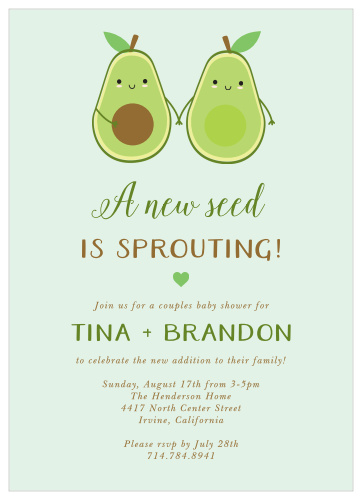 Announce that you've made guacamole together with the adorable illustration of our A New Seed Baby Shower Invitations.