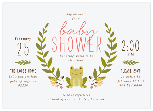 Celebrate a new little one hopping into your life with our Frog Wreath Baby Shower Invitations!
