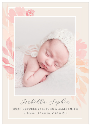 Celebrate the newest addition to your family with our Peach Flowers Birth Announcements.