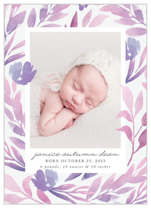 Celebrate your bundle of joy with our Lilac Blooms Birth Announcements.