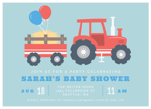 Surround yourself with the people you care about most using the fun, farm-themed design of our Little Tractor Baby Shower Invitations.