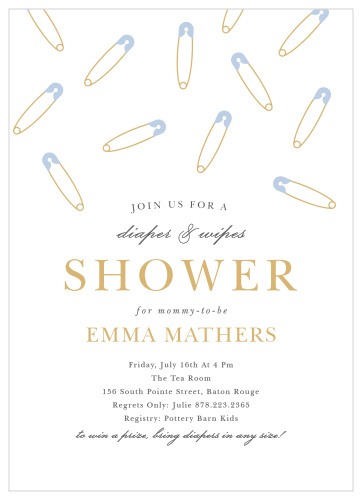 Celebrate your new addition with our Diaper Pin Baby Shower Invitations.