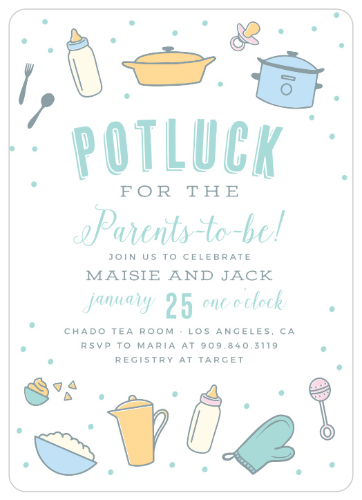 Invite your loved ones to prepare a dish and join you in celebrating the soon-to-be parents with our Potluck Brunch Baby Shower Invitations! 