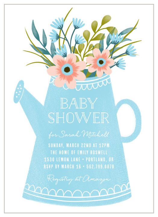 Invite your loved ones to shower the mother-to-be with our Watering Pail Baby Shower Invitations. 