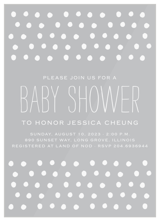 Lively dots speckle the top and the bottom of the Painted Dots Baby Shower Invitations. 