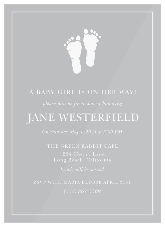 Celebrate the quickly arriving newest member of your family with our lovely Little Footprints Clear Baby Shower Invitations.